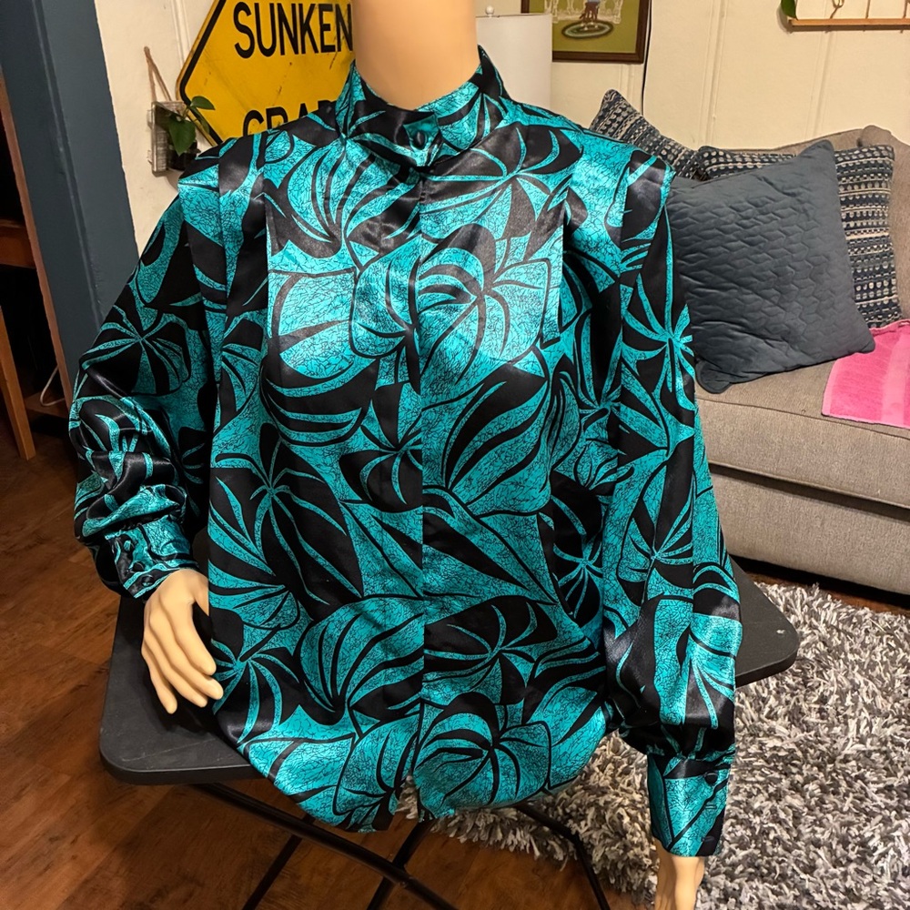Vintage button up blouse puff long sleeves tropical leafy detailing Wmns Sz 12